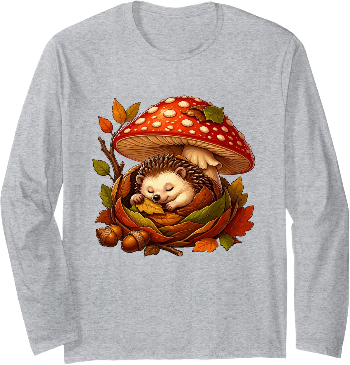 Sleeping Hedgehog Under Autumn Mushroom Leaves Long Sleeve T-Shirt - Adult Unisex Heather Grey