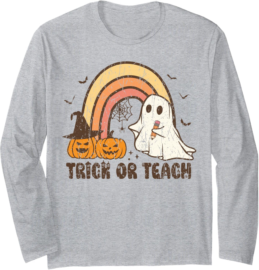 Retro Trick Or Teach Groovy Teacher Halloween Pumpkins Ghost Long Sleeve T-Shirt - Adult Unisex Heather Grey