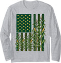 American Flag Corn Field Farmer Patriotic Long Sleeve T-Shirt - Adult Unisex Heather Grey