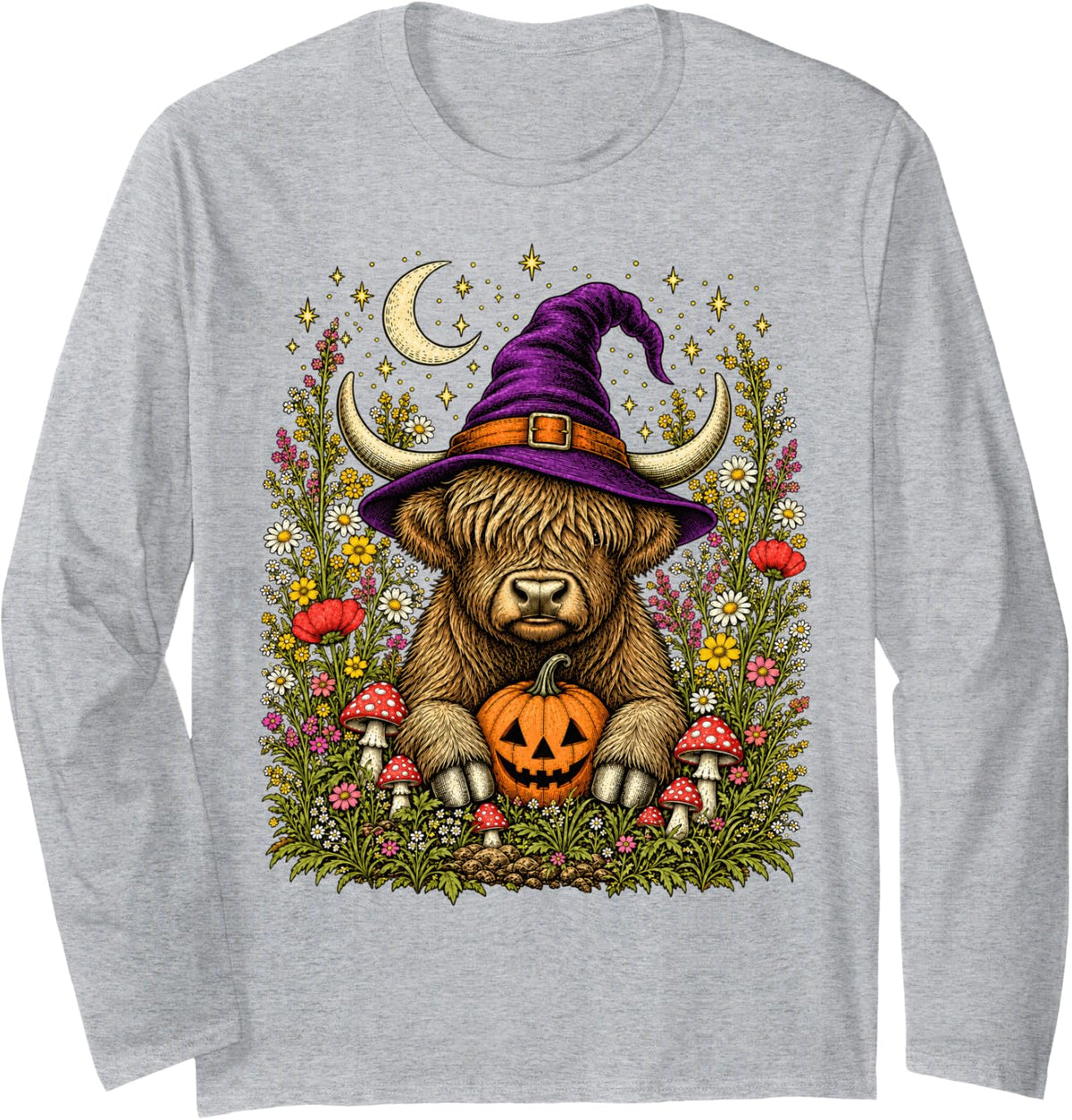 Highland Cow Witch Skeleton Halloween Flowers Pumpkin Fall Long Sleeve T-Shirt - Adult Unisex Heather Grey
