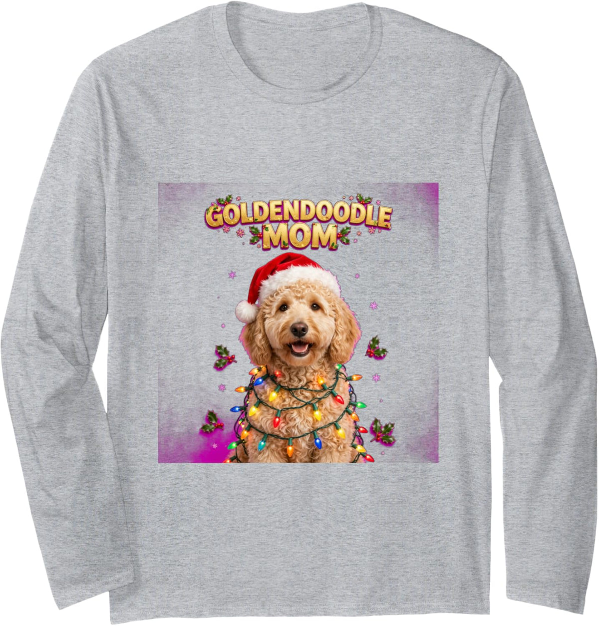 Merry Christmas Goldendoodle Mom Tree Holly Festive Holiday Long Sleeve T-Shirt - Adult Unisex Heather Grey