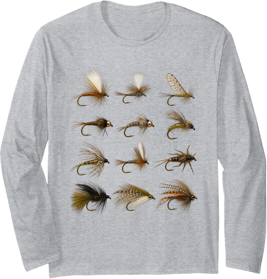 Dry Fly Wet Fly Nymph Trout Fishing Lure Collection Long Sleeve T-Shirt - Adult Unisex Heather Grey