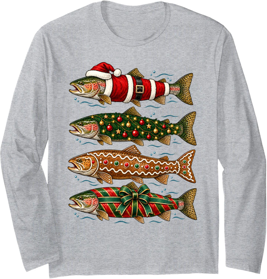 Christmas Fishing Pajamas Bass Santa Hat Lights Men Dad Xmas Long Sleeve T-Shirt - Adult Unisex Heather Grey