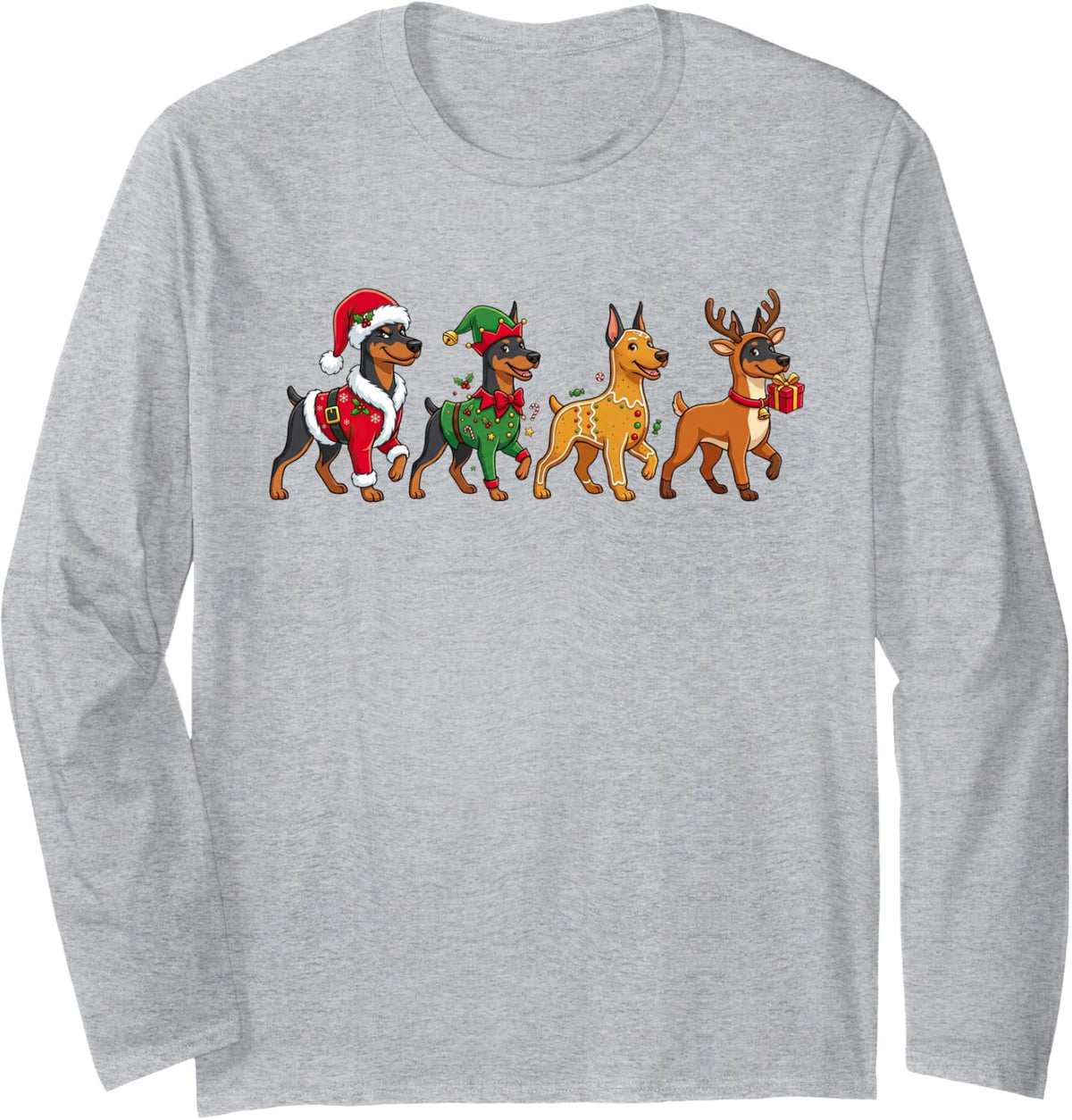 Funny Christmas Doberman Pinscher Santa Elf Womens Mens Long Sleeve T-Shirt - Adult Unisex Heather Grey