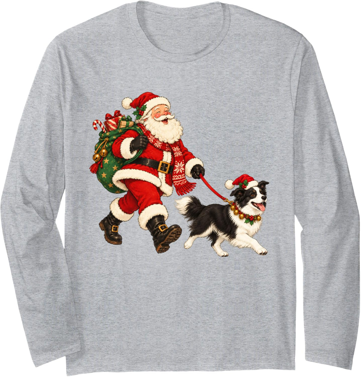 Border Collie Christmas Dog Walking with Santa Holiday Dog Long Sleeve T-Shirt - Adult Unisex Heather Grey