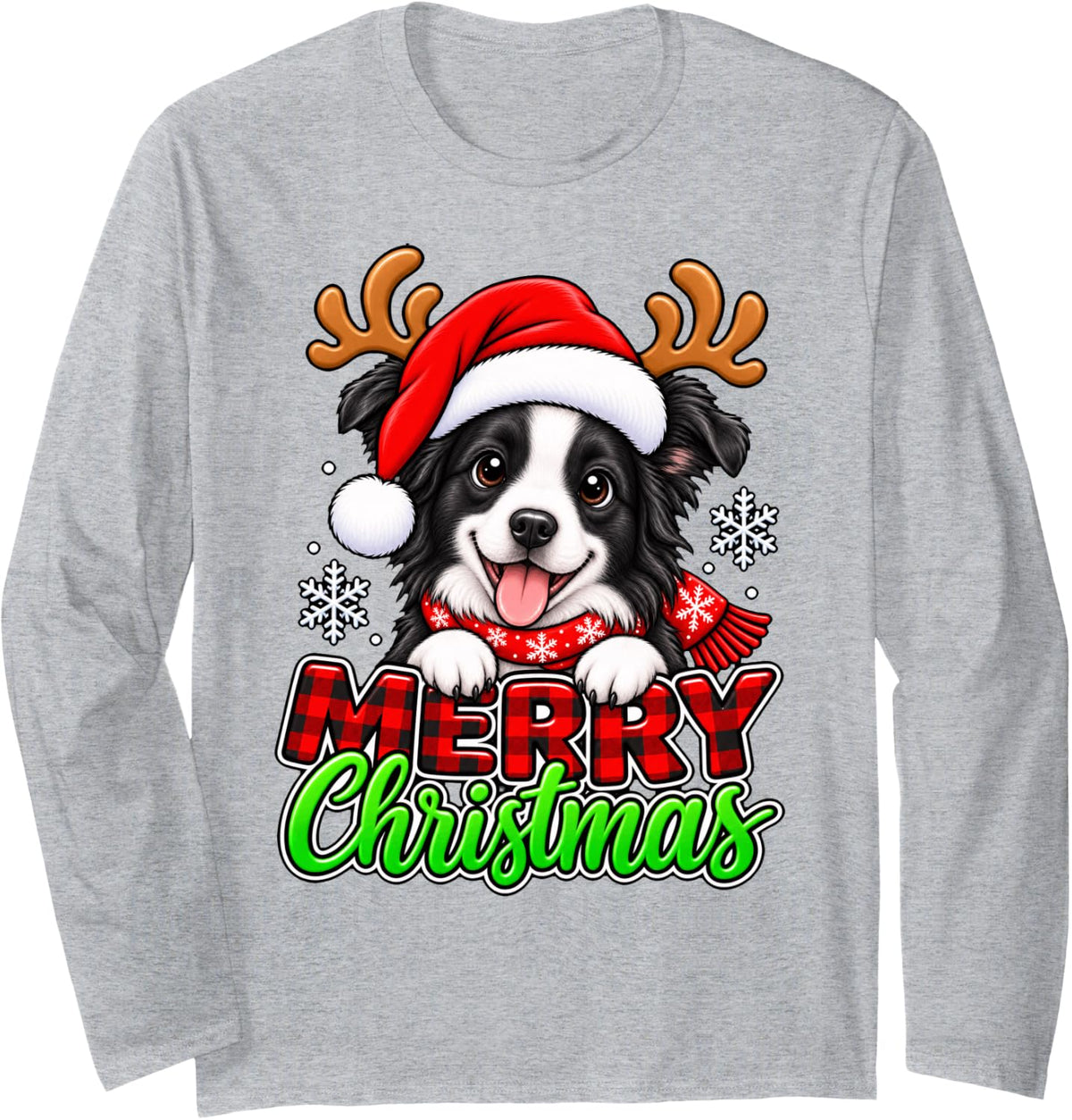 Funny Border Collie Merry Christmas Santa Reindeer Dog Lover Long Sleeve T-Shirt - Adult Unisex Heather Grey