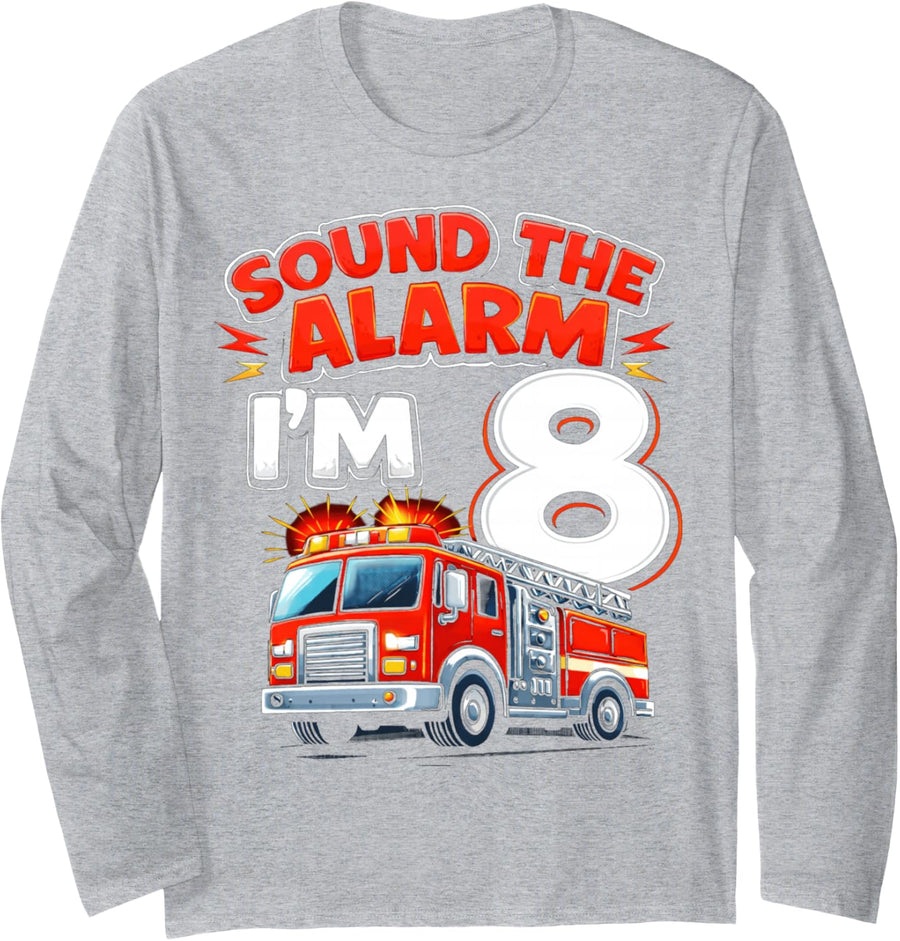 Eight 8yr 8th Birthday Fire Truck Firefighter 8 Year Old Boy Long Sleeve T-Shirt - Adult Unisex Heather Grey