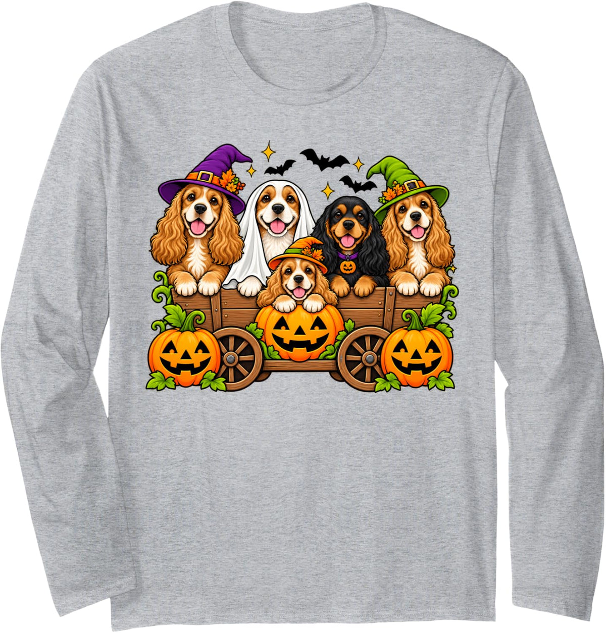 Happy Halloween Cocker Spaniel Dog Witch Fall Pumpkin Long Sleeve T-Shirt - Adult Unisex Heather Grey