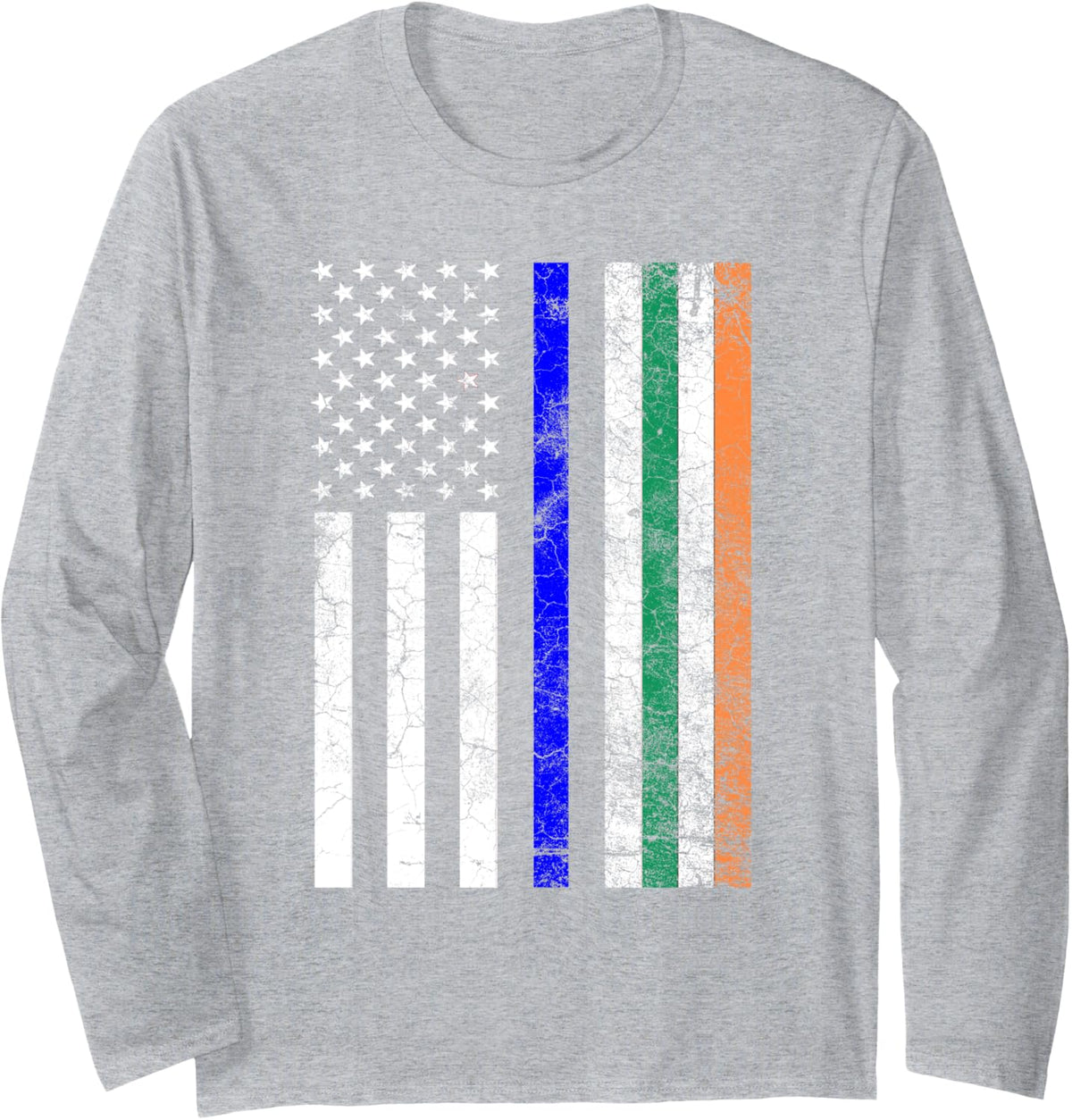 Irish American Flag Thin Blue Line Police St. Patrick's Day Long Sleeve T-Shirt - Adult Unisex Heather Grey