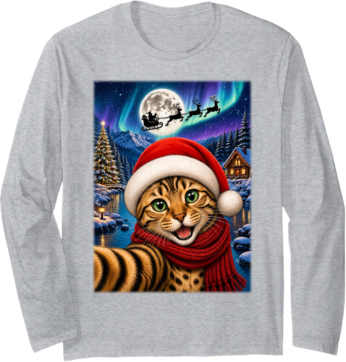 Bengal Cat Christmas Selfie Moon Night Santa Sleigh Xmas Long Sleeve T-Shirt - Adult Unisex Heather Grey