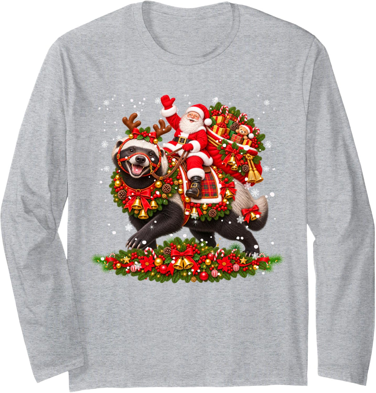 Xmas Decor Funny Santa Riding Honey Badger Christmas Long Sleeve T-Shirt - Adult Unisex Heather Grey