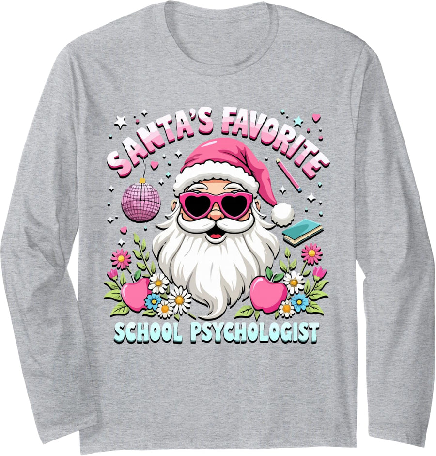 Funny Pink Santa's Favorite School Psychologist Christmas Long Sleeve T-Shirt - Adult Unisex Heather Grey