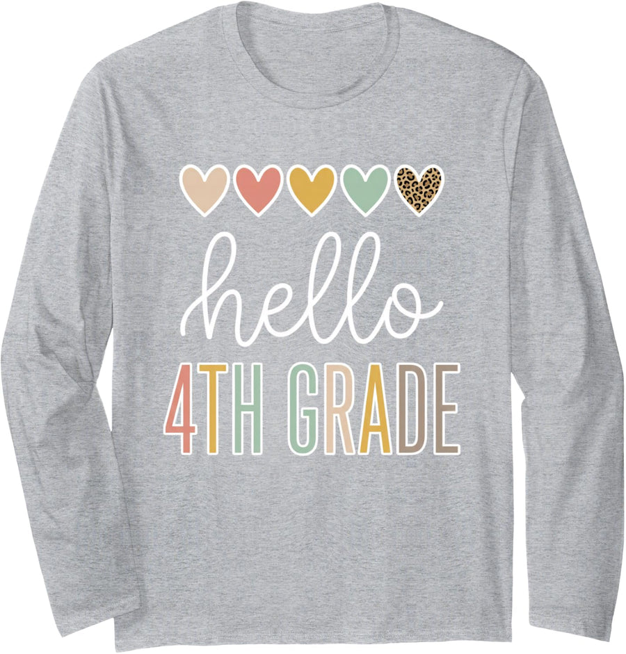 Hello 4TH Grade Teacher Elementary School Boho Hearts Long Sleeve T-Shirt - Adult Unisex Heather Grey