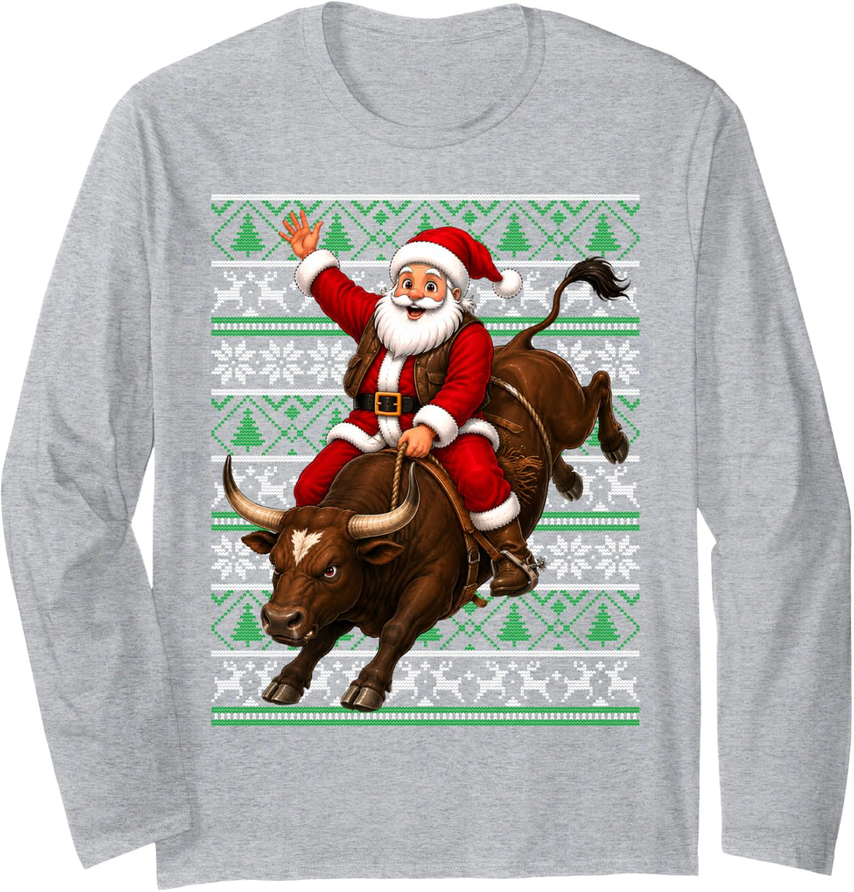 Bull Riding Santa Christmas Ugly Sweater Festive Rodeo Xmas Long Sleeve T-Shirt - Adult Unisex Heather Grey
