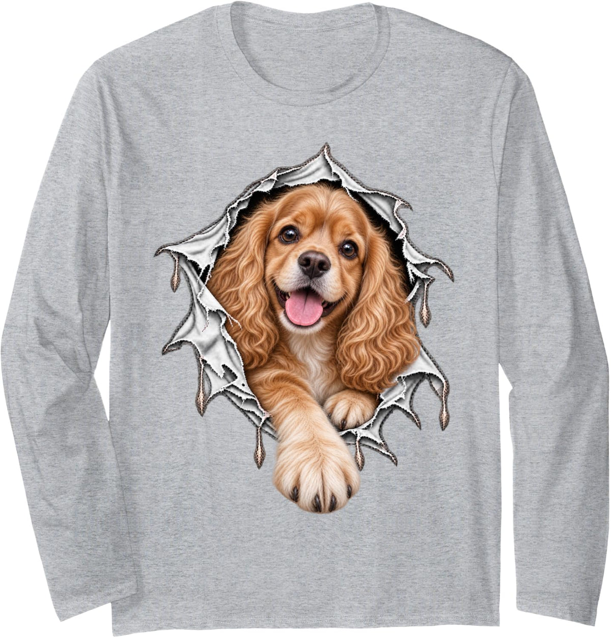 Cute Cocker Spaniel Dog Stepping Out from Ripped Design Long Sleeve T-Shirt - Adult Unisex Heather Grey