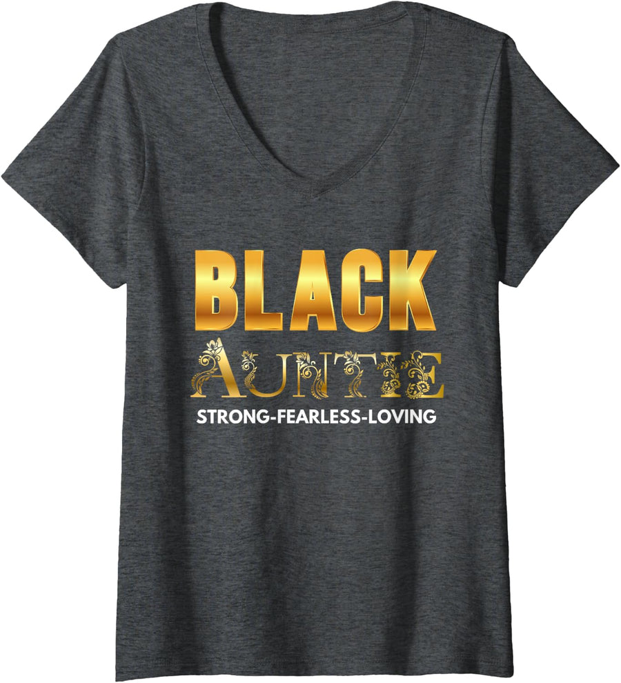Womens Black Auntie Aunt Afro American Centric Sister Birthday V-Neck T-Shirt - Dark Heather Grey