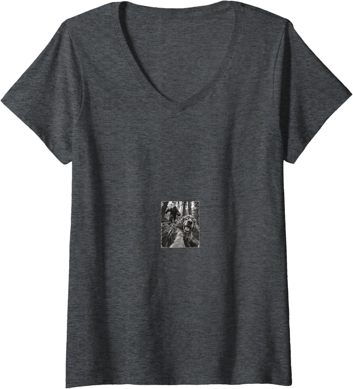 Women's Vintage Bigfoot Running After Cocker Spaniel Selfie Animal V-Neck T-Shirt - Dark Heather Grey