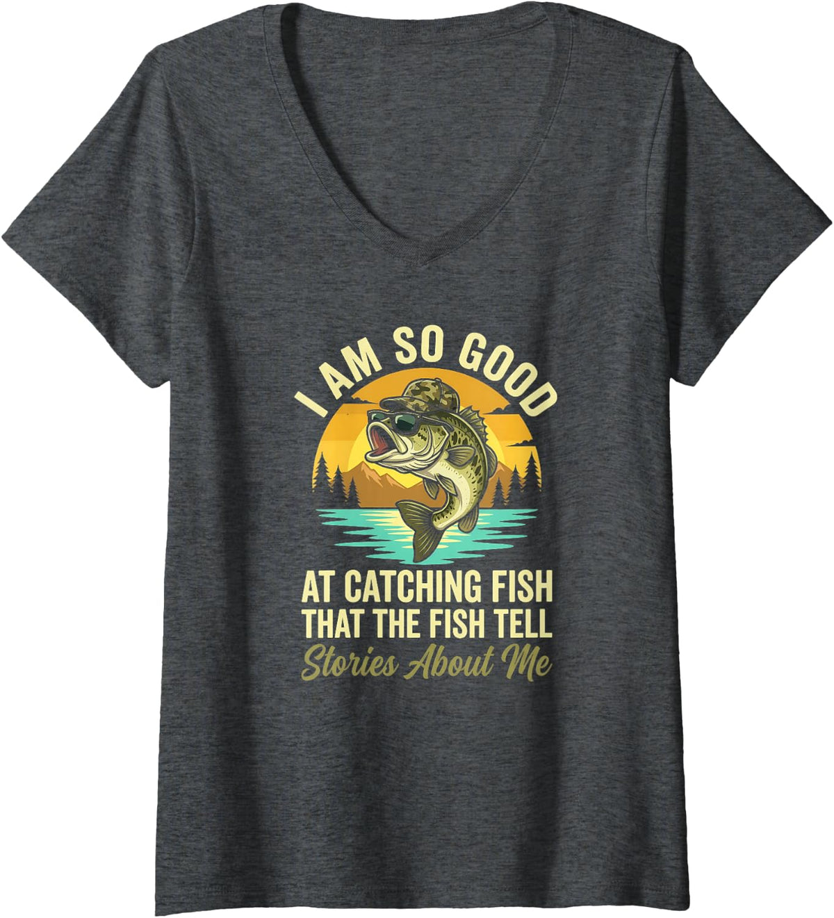 Women's Funny Catching Fish Stories Largemouth Bass Angler Humor V-Neck T-Shirt - Dark Heather Grey