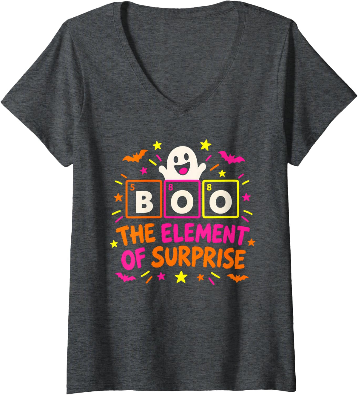 Women's The Element of Surprise Boo Science Chemistry Halloween V-Neck T-Shirt - Dark Heather Grey