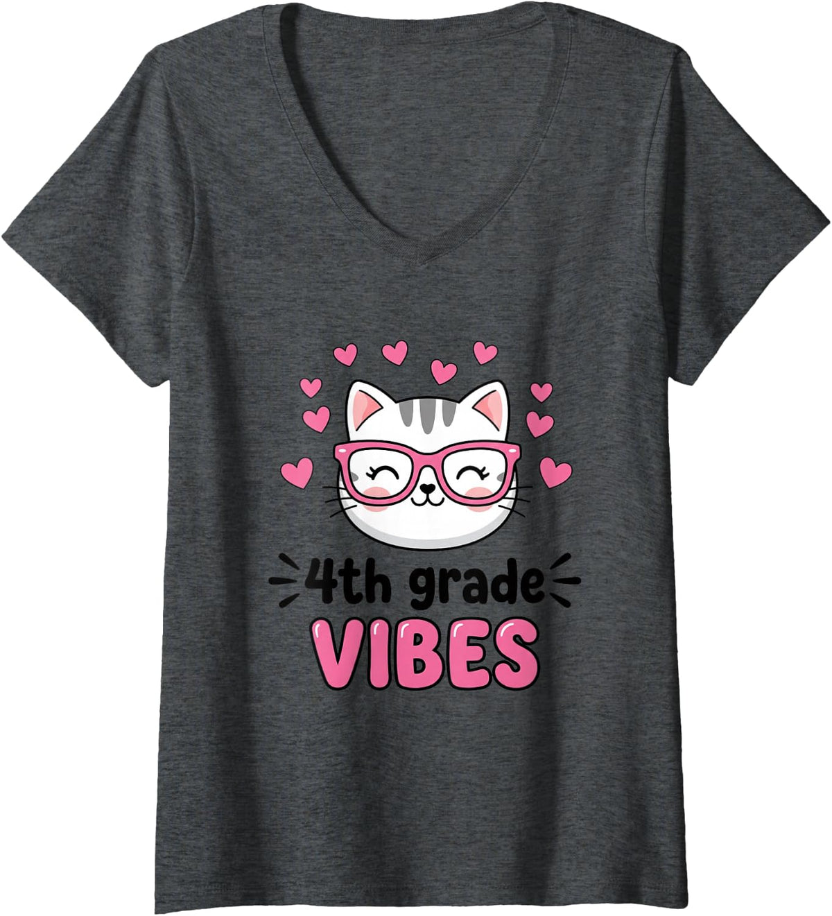 Women's 4TH Grade Vibes Cute Cat Back to School Girls Student V-Neck T-Shirt - Dark Heather Grey