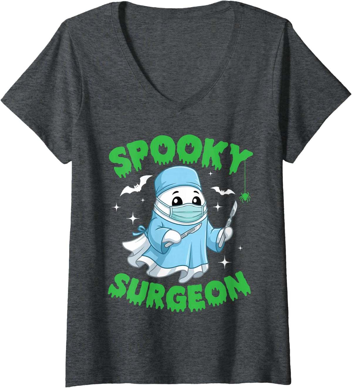 Women's Spooky Surgeon Halloween Cute Ghost Medical Scrub Costume V-Neck T-Shirt - Dark Heather Grey