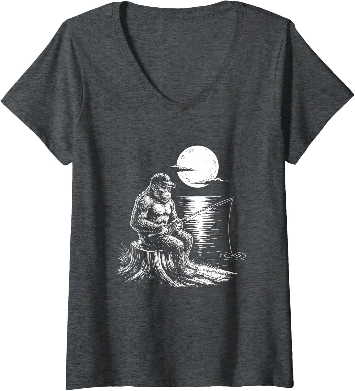 Women's Sasquatch Night Fishing Bigfoot Catfishing Angler Grandpa V-Neck T-Shirt - Dark Heather Grey