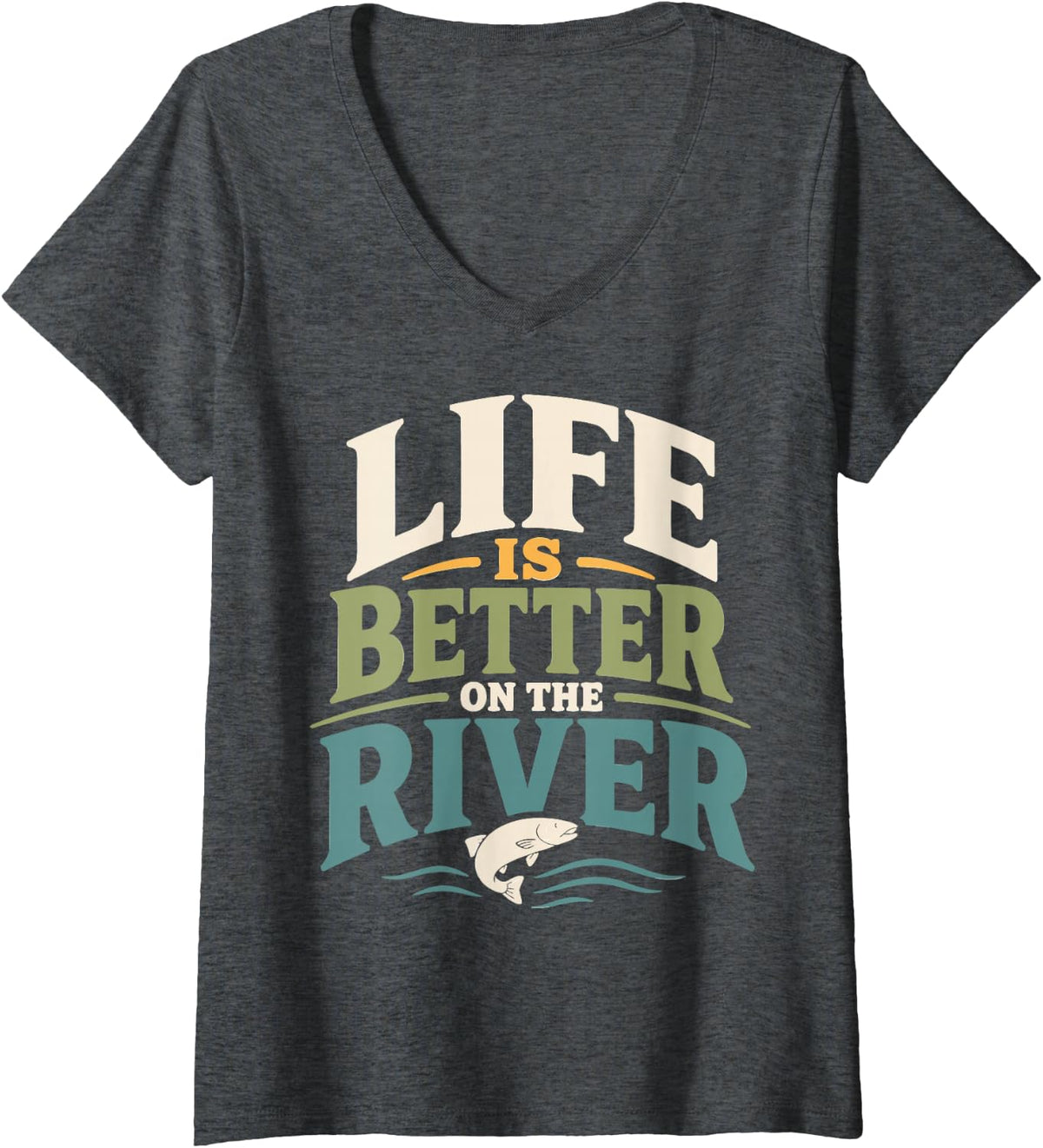 Women's Retro River Fishing V-Neck T-Shirt - Dark Heather Grey