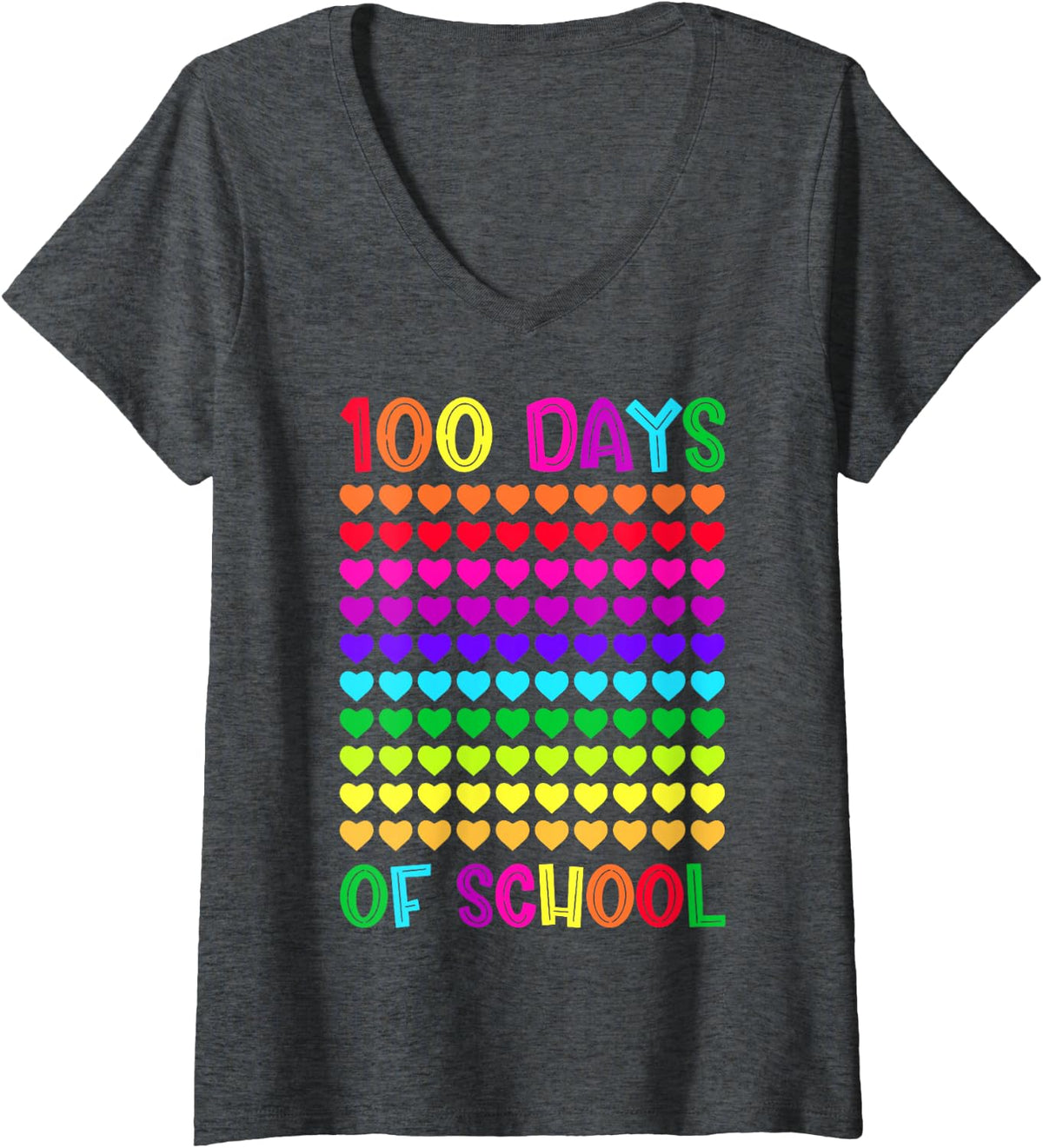 Women's 100 Days of School and Still Loving it Hearts 100th Day Girl V-Neck T-Shirt - Dark Heather Grey