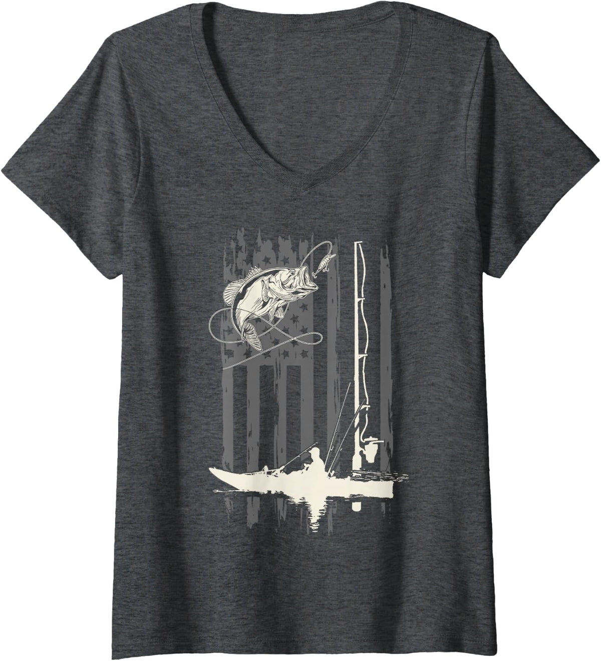 Women's American Flag Funny Bass Kayak Fishing Fisher Fisherman USA V-Neck T-Shirt - Dark Heather Grey