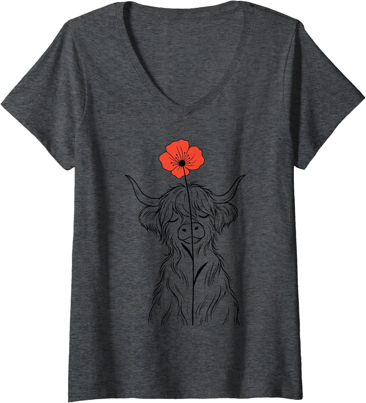Women's Cute Highland Cow Flower V-Neck T-Shirt - Dark Heather Grey