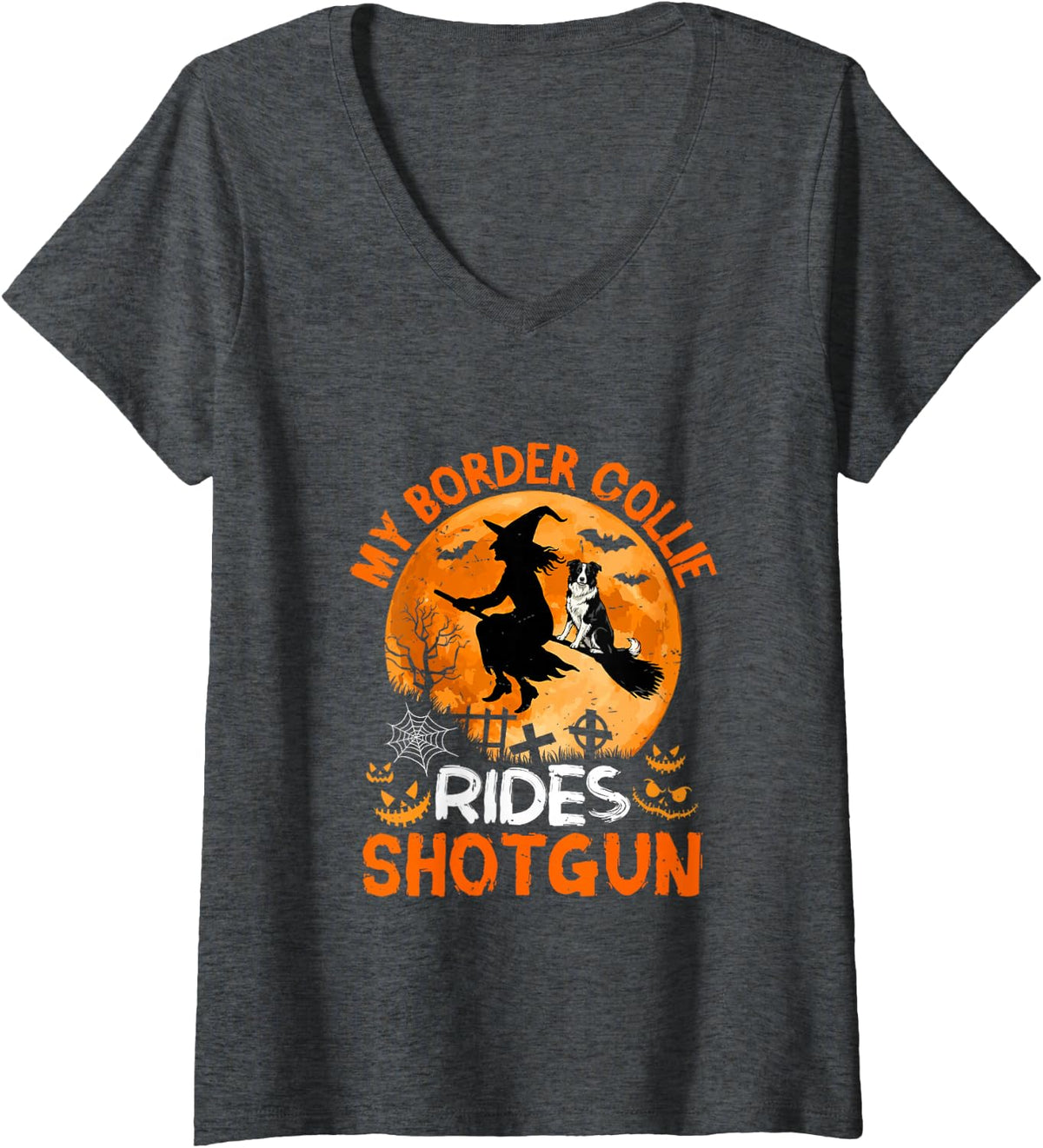 Women's My Border Collie Rides Shotgun Halloween Witch On Broomstick V-Neck T-Shirt - Dark Heather Grey