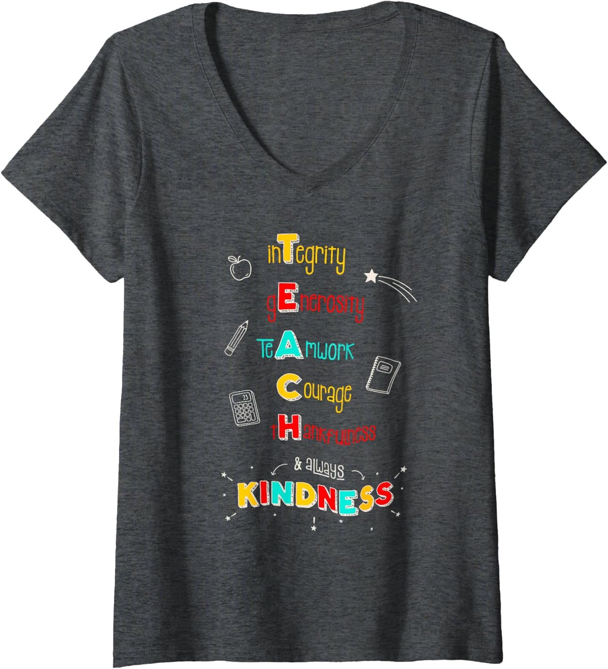 Women's Teach Kindness Integrity Generosity Teamwork Courage V-Neck T-Shirt - Dark Heather Grey