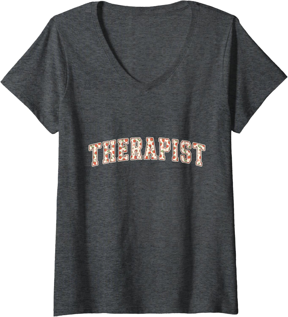Women's Therapist Strawberry Varsity Letters Counselor Mental V-Neck T-Shirt - Dark Heather Grey