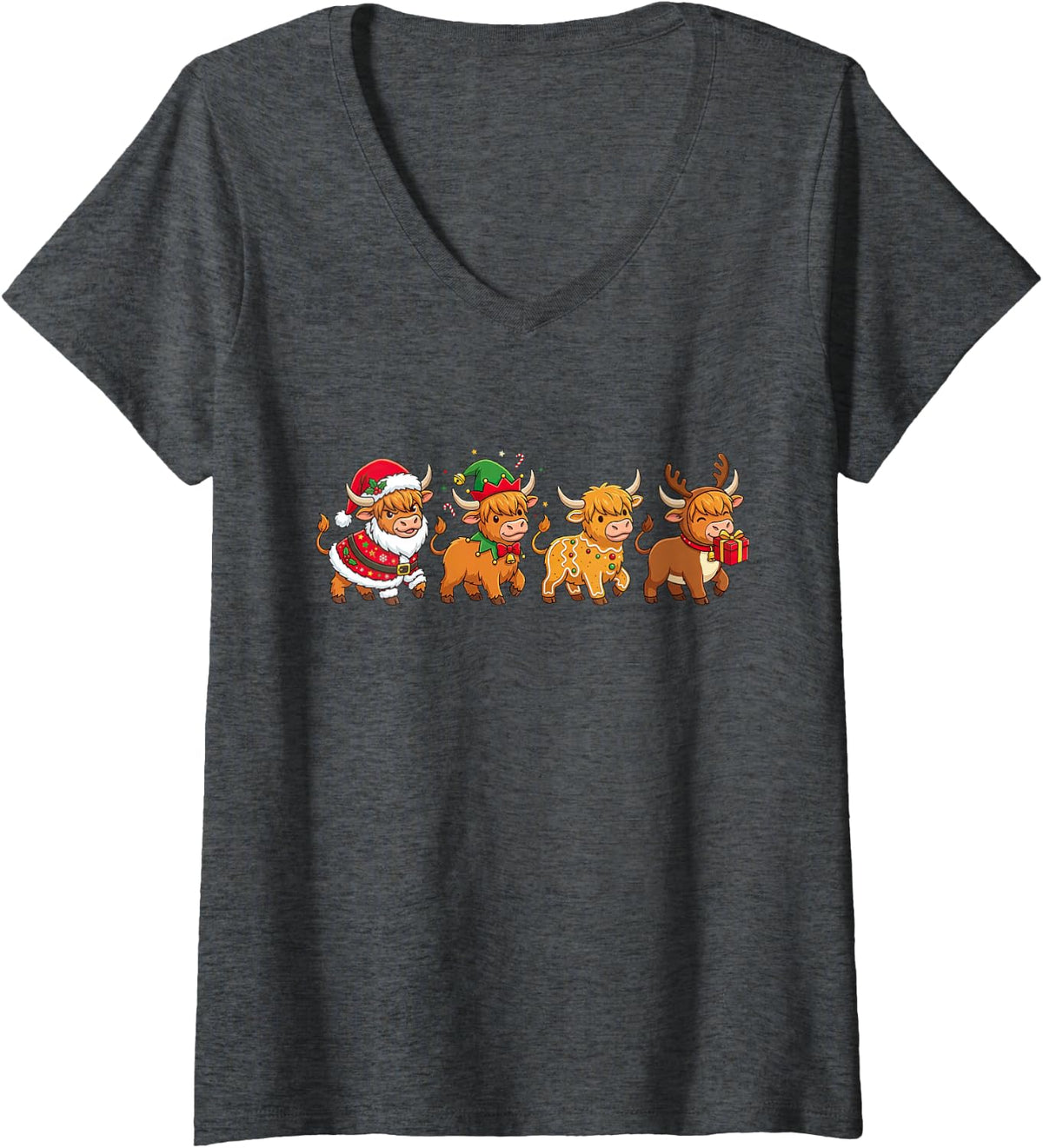 Women's Christmas Highland Cow Santa Elf Gingerbread Womens Mens Kid V-Neck T-Shirt - Dark Heather Grey