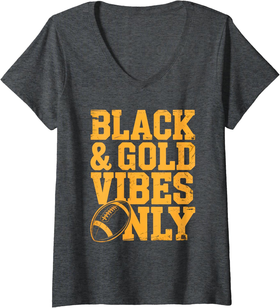 Women's Bruh Black & Gold Vibes ONLY High School Sports Vibes Only V-Neck T-Shirt - Dark Heather Grey