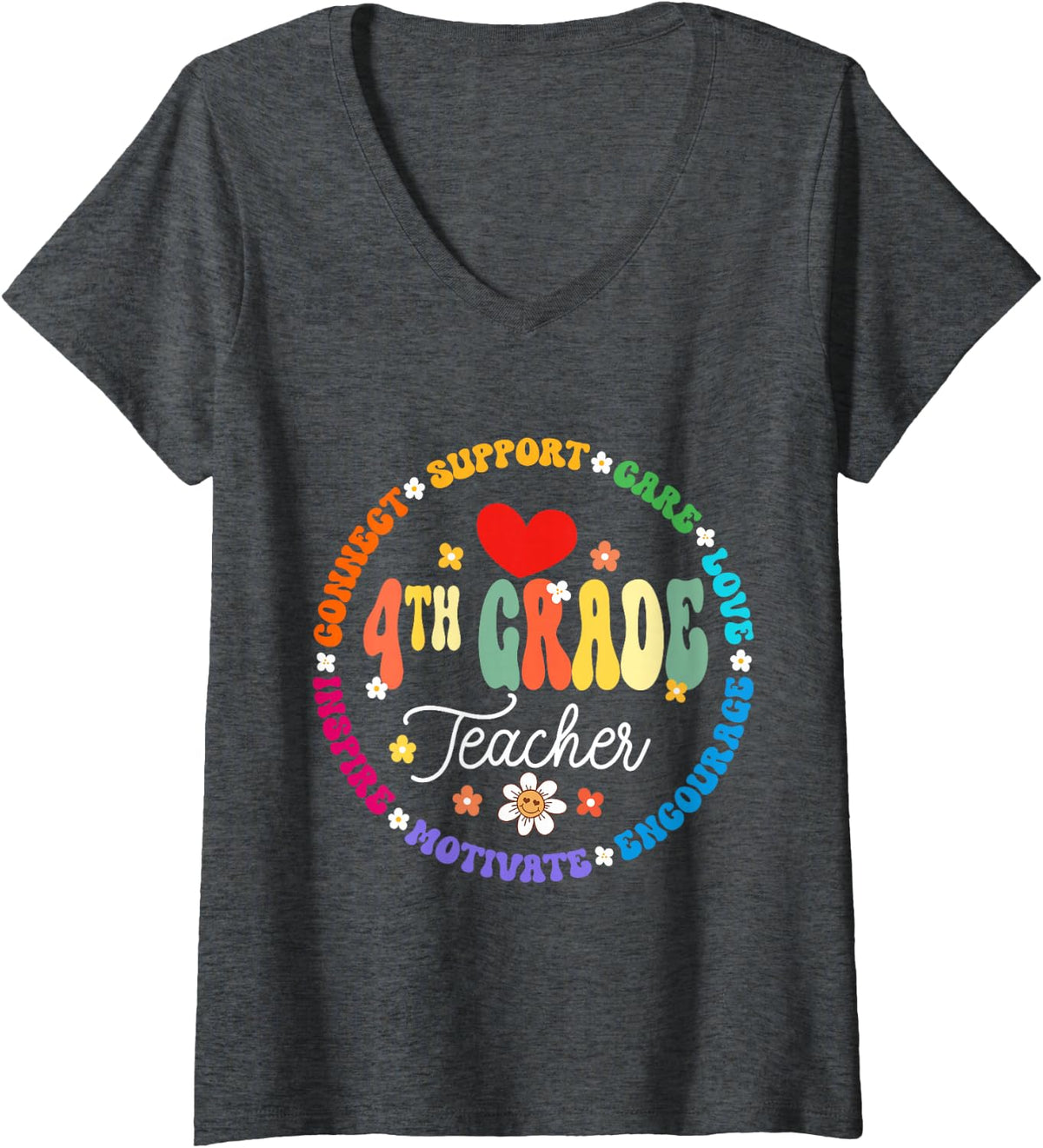 Women's 4th Grade Teacher Back to School First Day Fourth Grade V-Neck T-Shirt - Dark Heather Grey