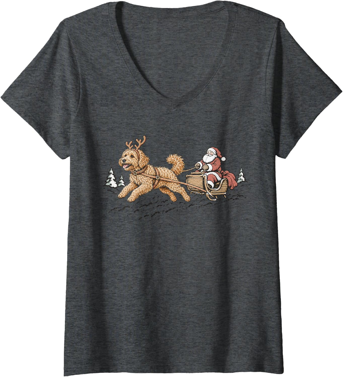 Women's Goldendoodle Sleighing Santa Claus Christmas Dog Lover V-Neck T-Shirt - Dark Heather Grey