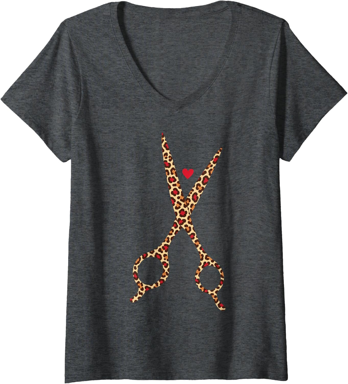 Women's Leopard Print Hairdresser Scissors Hair Stylist V-Neck T-Shirt - Dark Heather Grey
