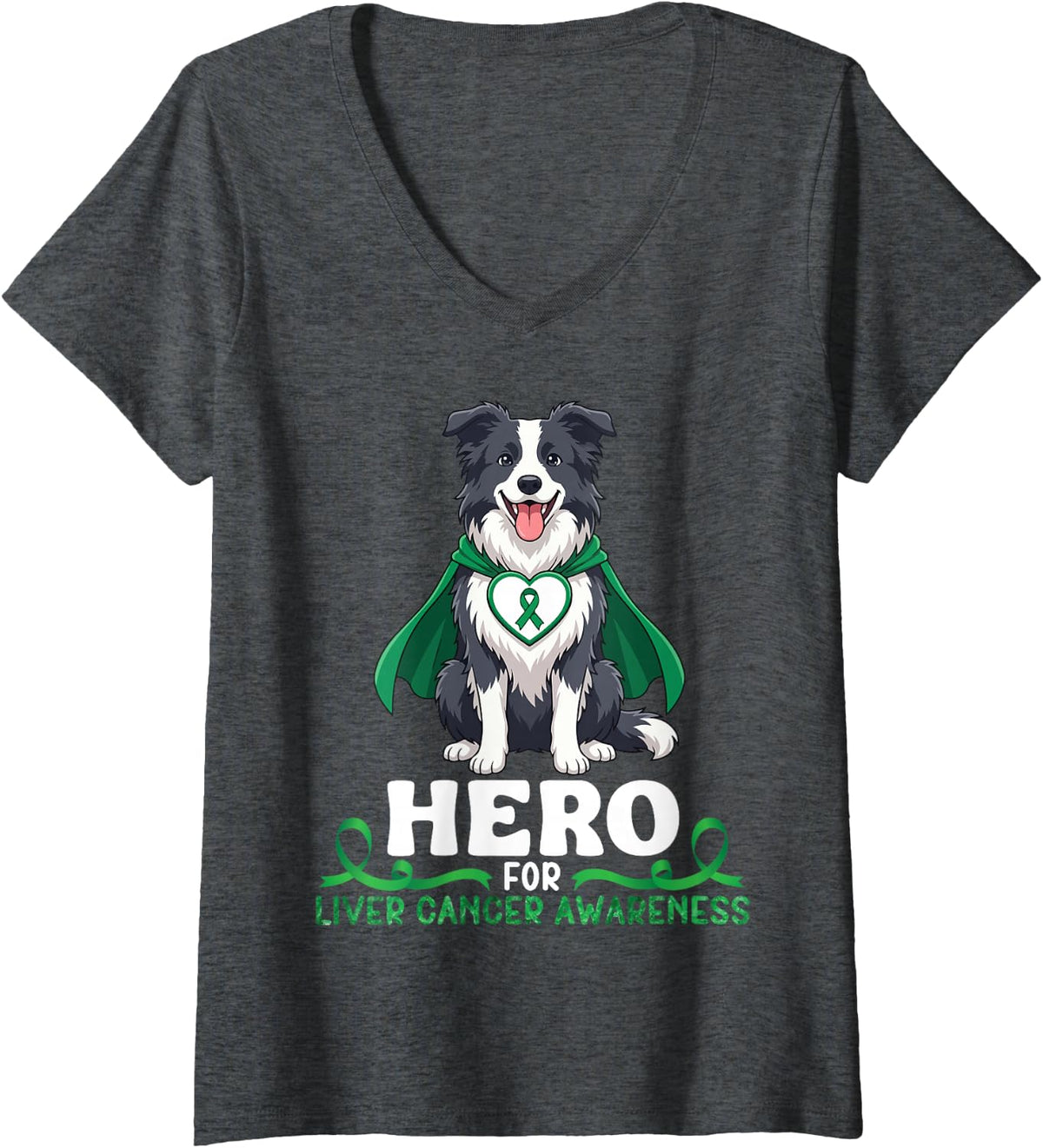 Women's Border Collie Dog Hero for Liver Cancer Awareness Supporter V-Neck T-Shirt - Dark Heather Grey