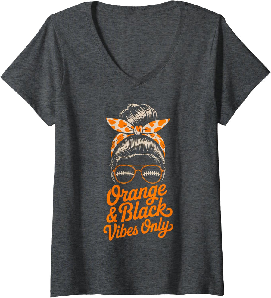 Women's Bruh Orange & Black Vibes ONLY High School Field Day Spirit V-Neck T-Shirt - Dark Heather Grey