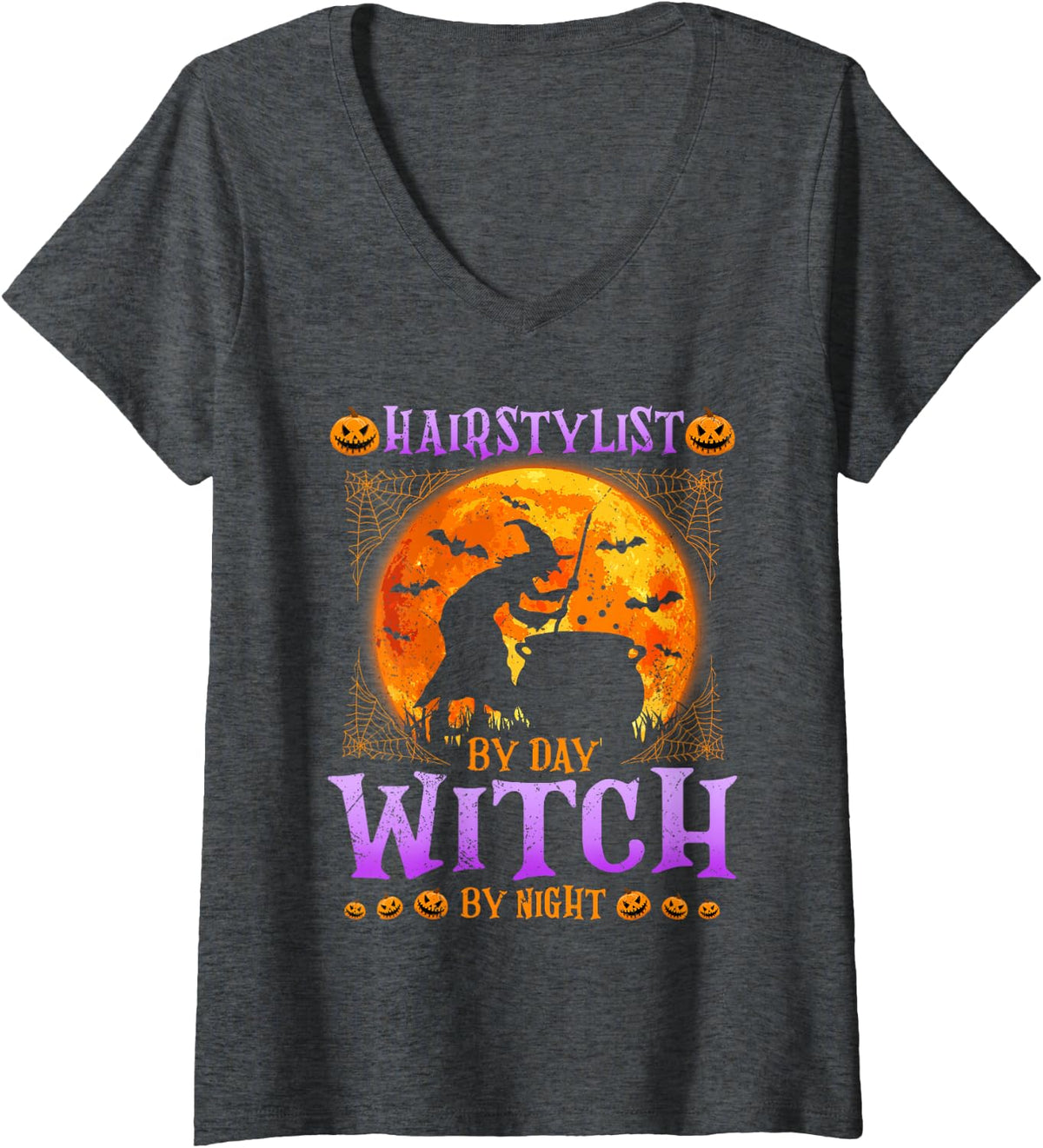 Women's Hairstylist By Day Witch By Night Halloween Costume V-Neck T-Shirt - Dark Heather Grey