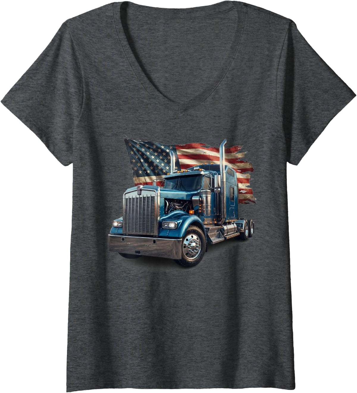 Women's Trucker American Flag 4th of July USA Patriotic Truck Driver V-Neck T-Shirt - Dark Heather Grey