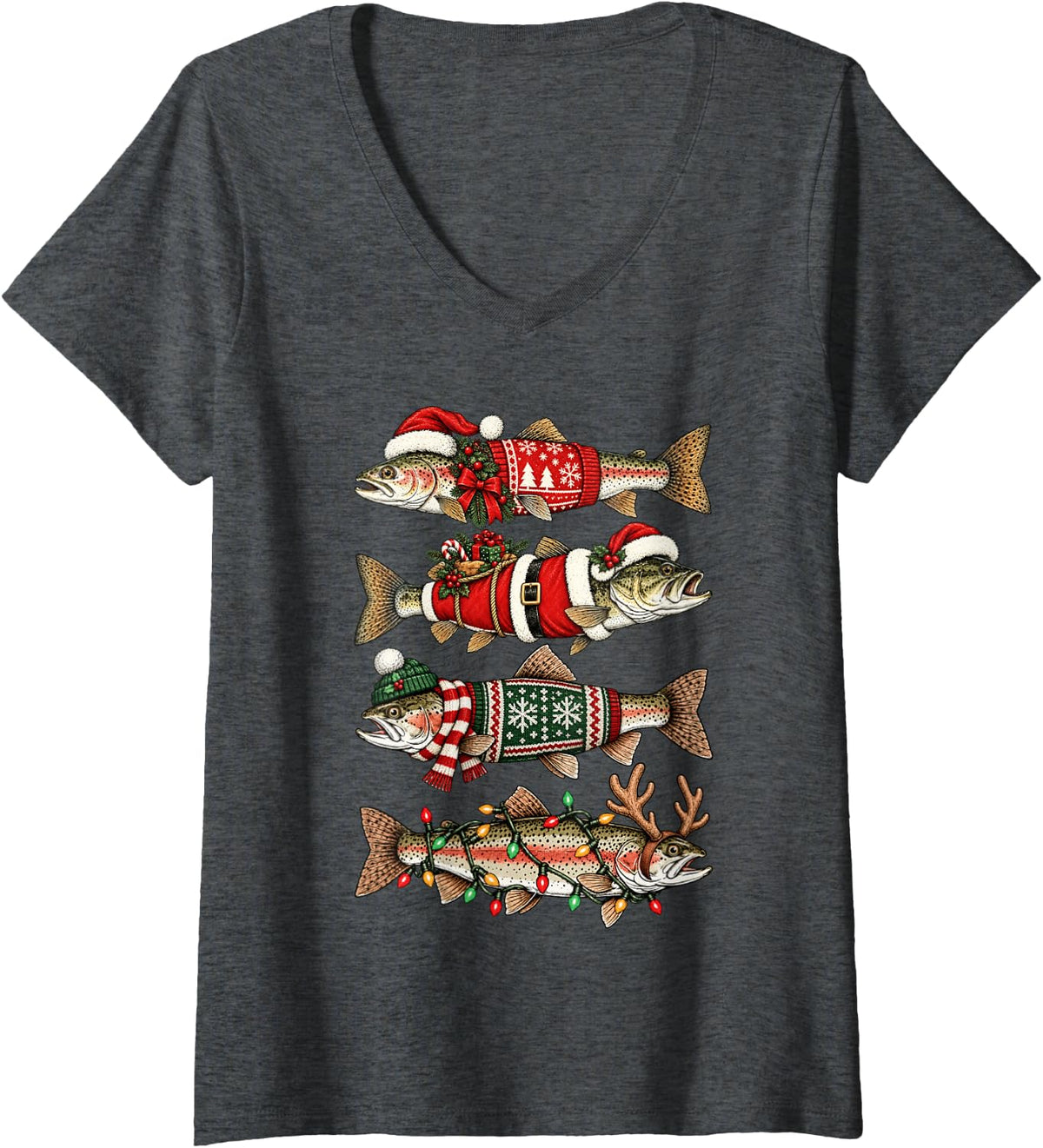 Women's Trout Fish Santa Hat Christmas Lights Reindeer Trout Fishing V-Neck T-Shirt - Dark Heather Grey
