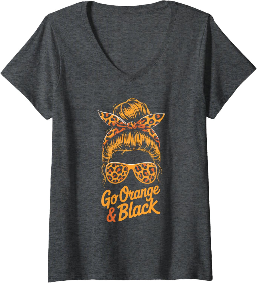 Women's Vintage Let's GO Orange Black High School Game Family V-Neck T-Shirt - Dark Heather Grey