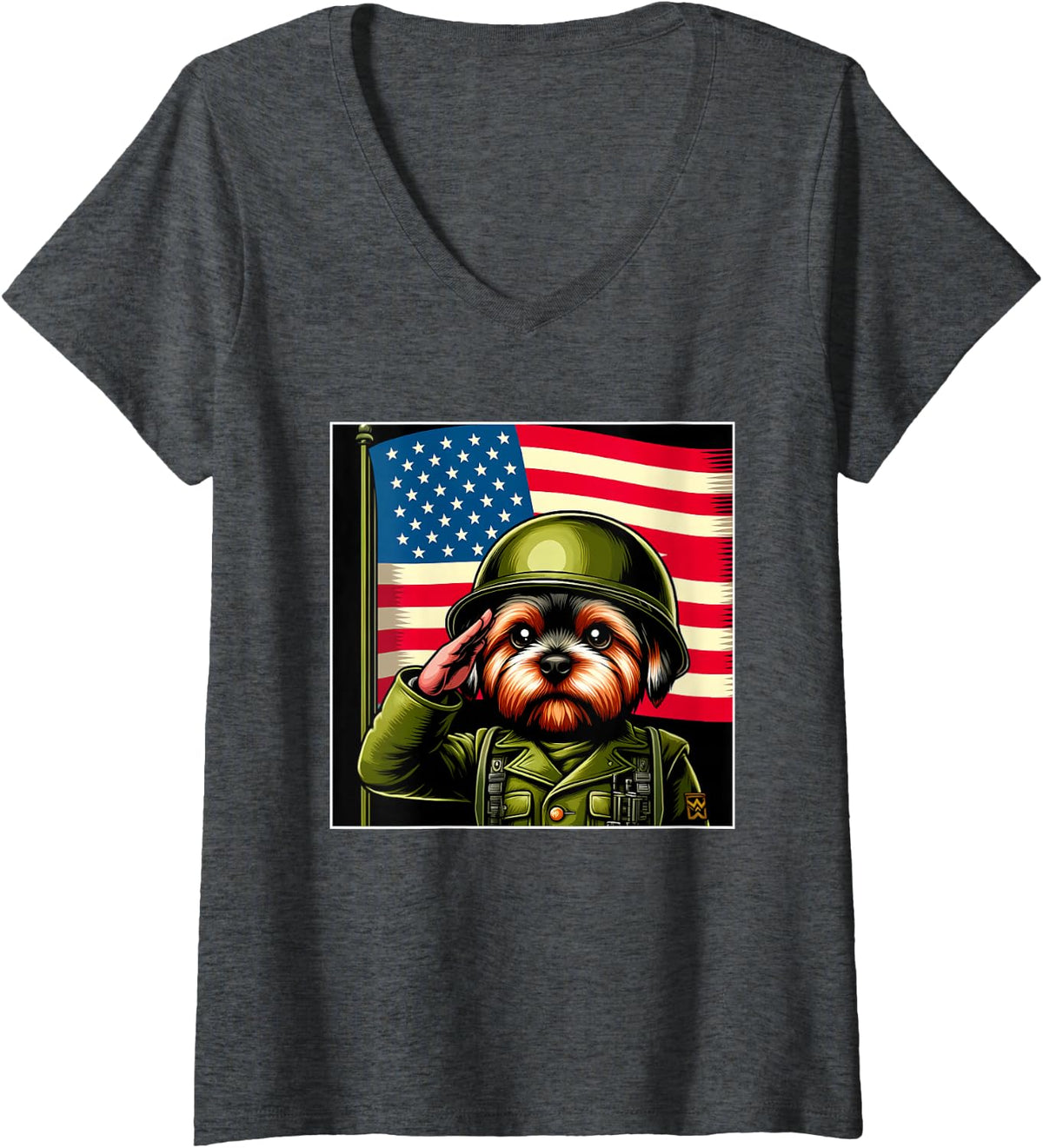 Women's 4th of July US Flag Salute Dorkie Dog V-Neck T-Shirt - Dark Heather Grey