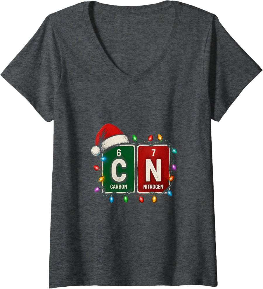 Women's Funny Carbon Nitrogen Christmas Chemistry Gift V-Neck T-Shirt - Dark Heather Grey