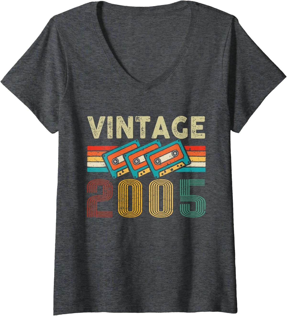 Women's Vintage 2005 Classic Birthday Vintage 2005 Cassette Tape V-Neck T-Shirt - Dark Heather Grey