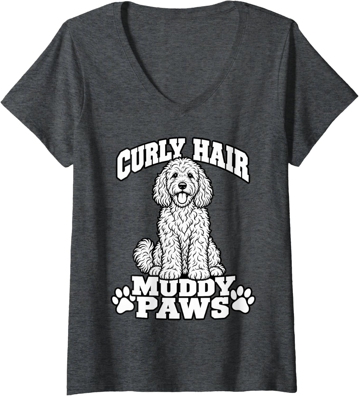 Women's Goldendoodle Curly Hair Muddy Paws Doodle Mom Funny Pup V-Neck T-Shirt - Dark Heather Grey