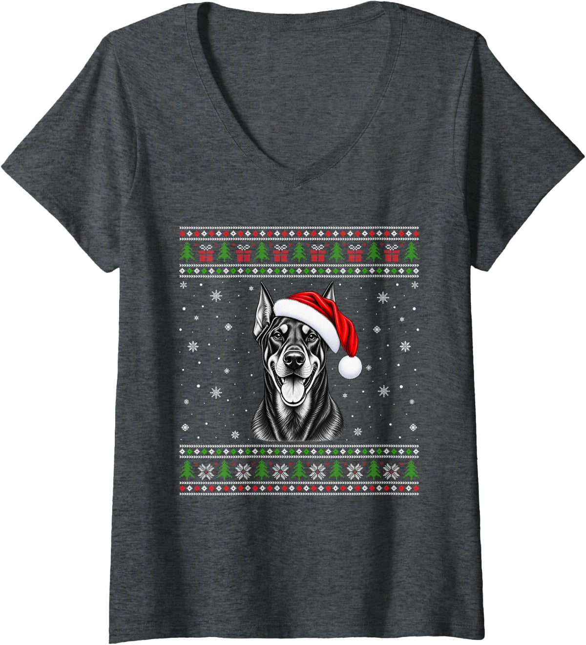 Women's Doberman Pinscher Ugly Christmas Sweater Santa Hat Xmas Dog V-Neck T-Shirt - Dark Heather Grey