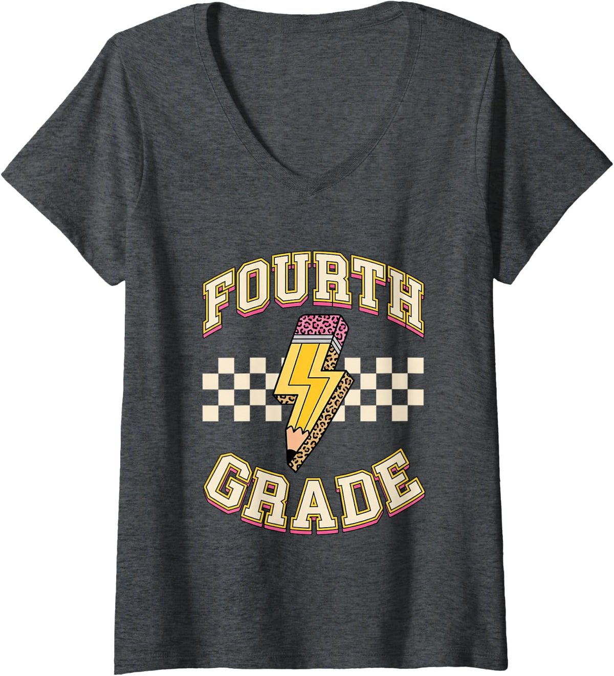 Women's Fourth Grade Teacher Back to School Lightning Pencil V-Neck T-Shirt - Dark Heather Grey